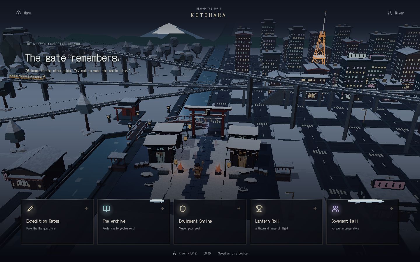 The snowy Kotohara city hub, with railway bridges and entrances to practice, equipment, rankings, and social areas.